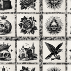 Gothic black and white pattern featuring woodcut-style skulls, roses, and castles in a vintage tile grid.