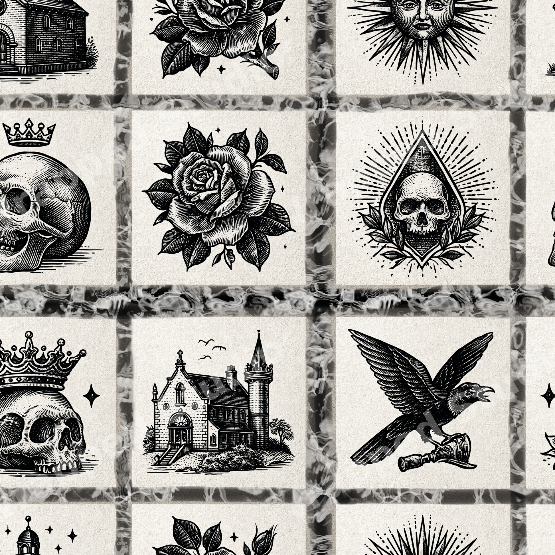 Gothic black and white pattern featuring woodcut-style skulls, roses, and castles in a vintage tile grid.