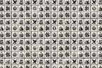 Vintage gothic grid pattern with black and white illustrations of skulls, roses, ravens, and mystical suns.