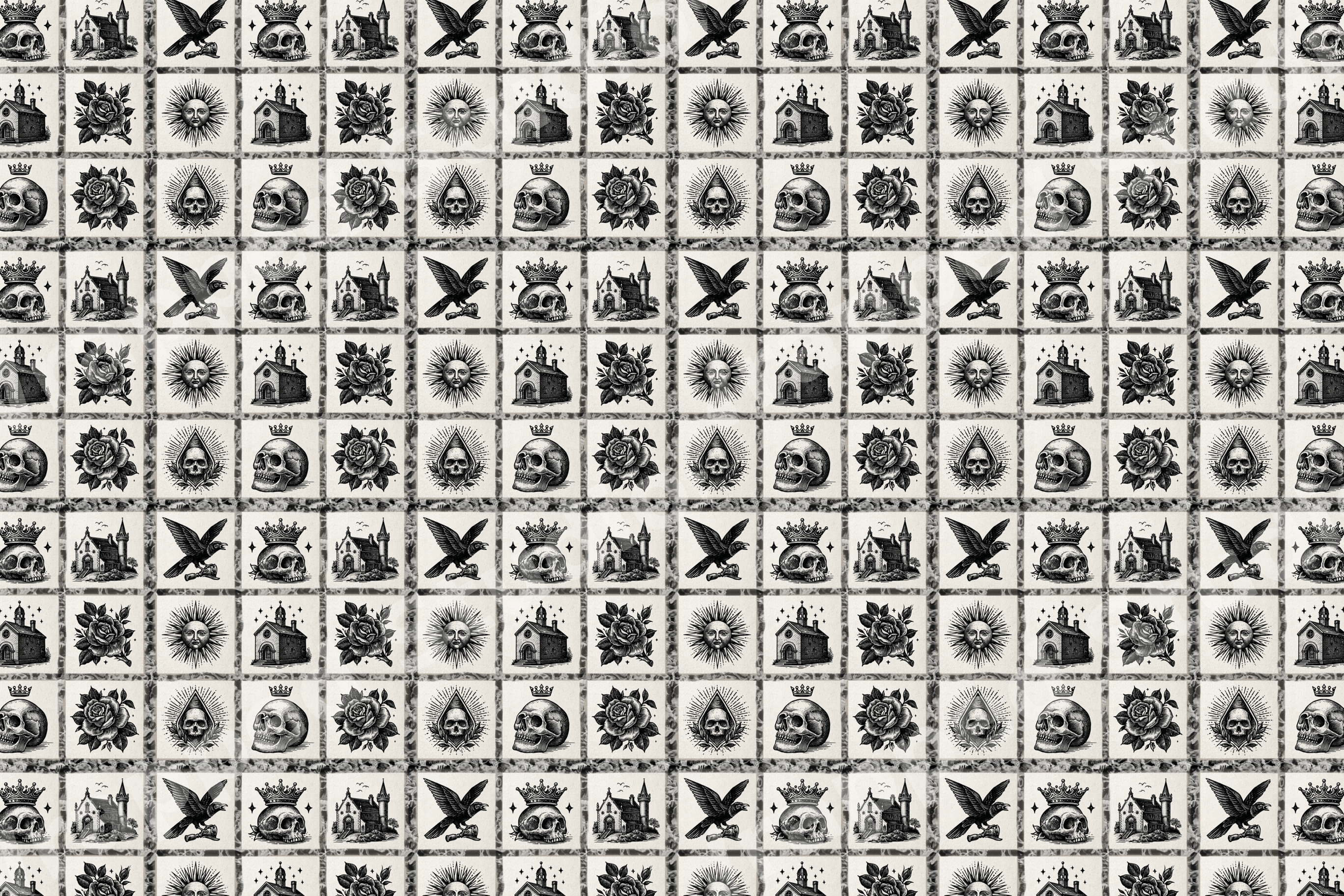 Vintage gothic grid pattern with black and white illustrations of skulls, roses, ravens, and mystical suns.