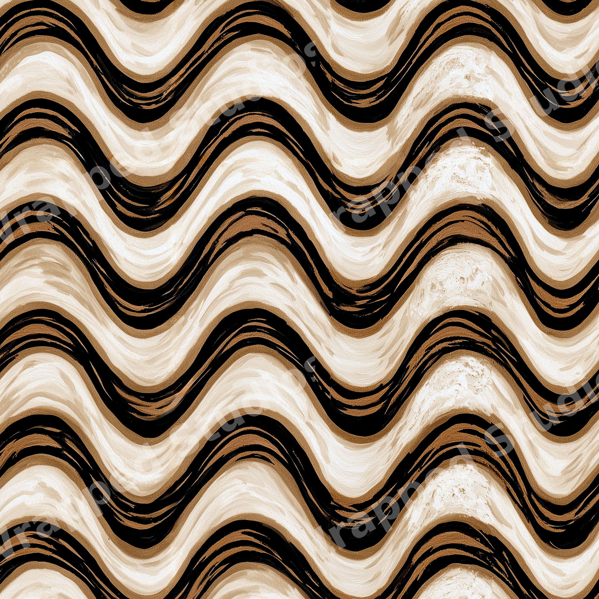 Modern abstract print featuring textured wavy stripes in earthy neutral beige, brown, and black.
