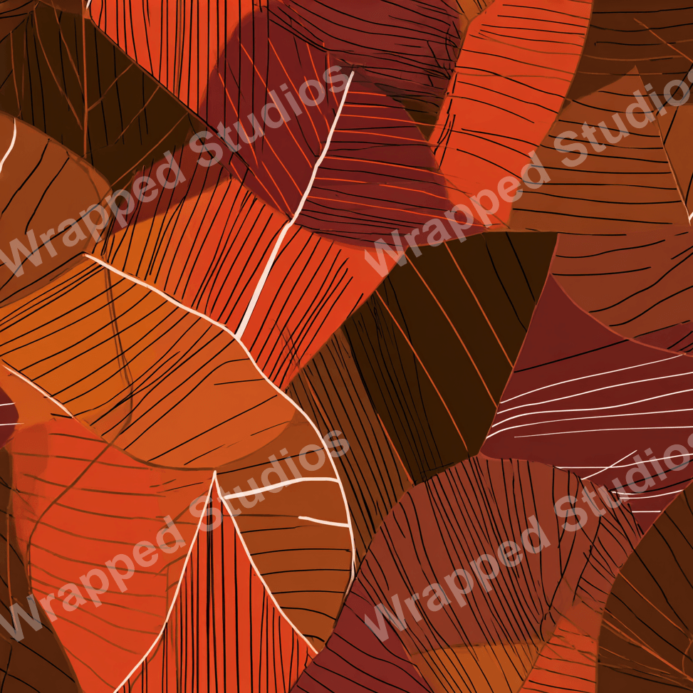 Abstract botanical pattern featuring overlapping fall foliage in shades of brown, orange, and rust with linear details.