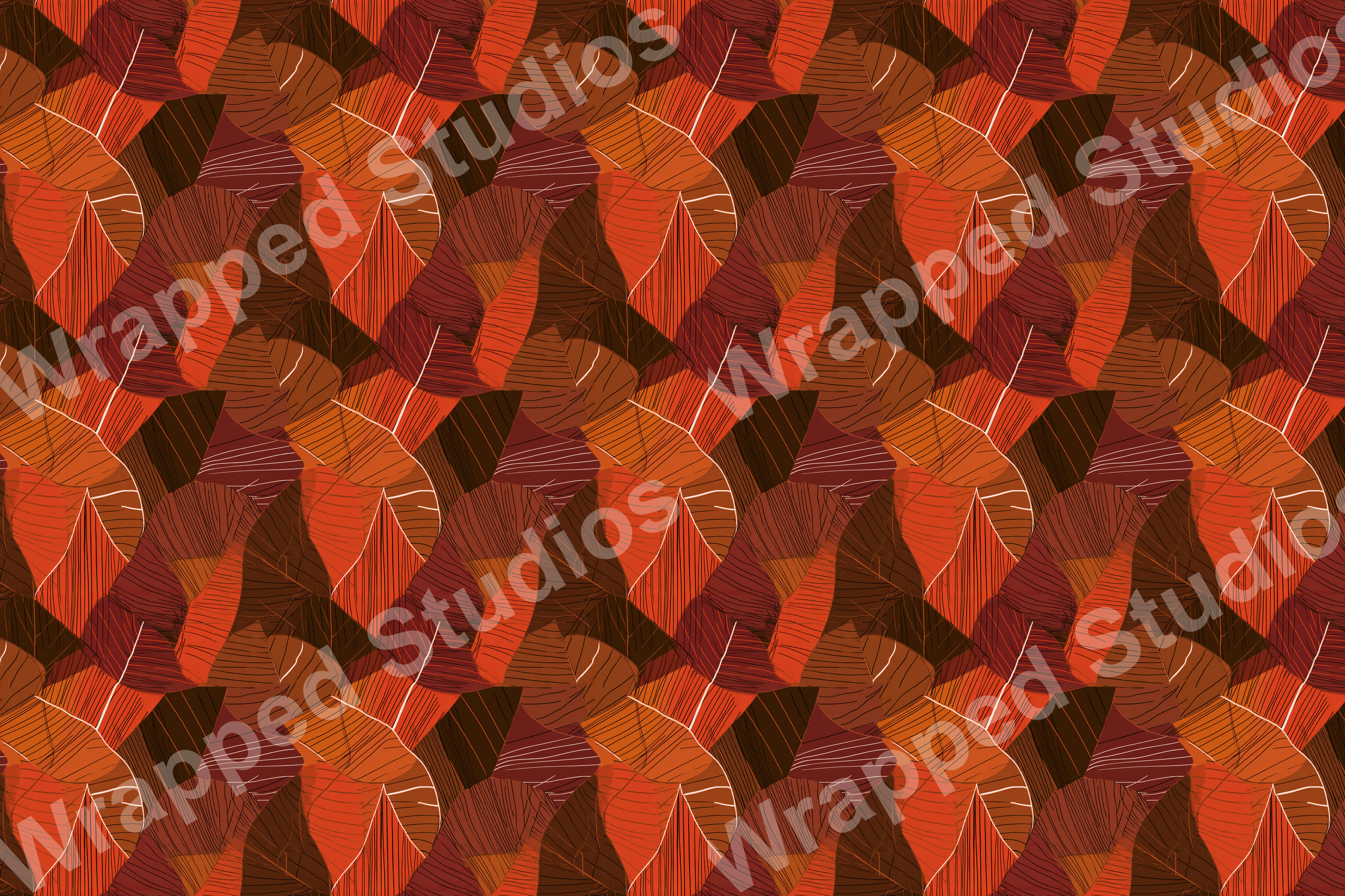 Autumn leaf pattern in shades of rust, brown, and orange; a modern botanical design.