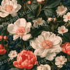 Vintage botanical floral pattern with lush cream, coral, and navy peony flowers on dark green foliage.