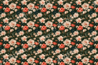 Seamless vintage botanical floral pattern with coral and cream peony flowers on dark green foliage.