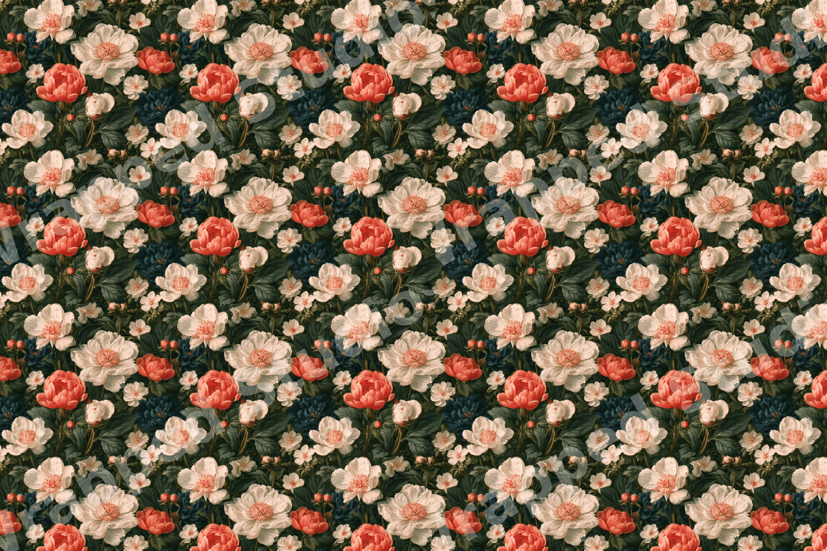 Seamless vintage botanical floral pattern with coral and cream peony flowers on dark green foliage.