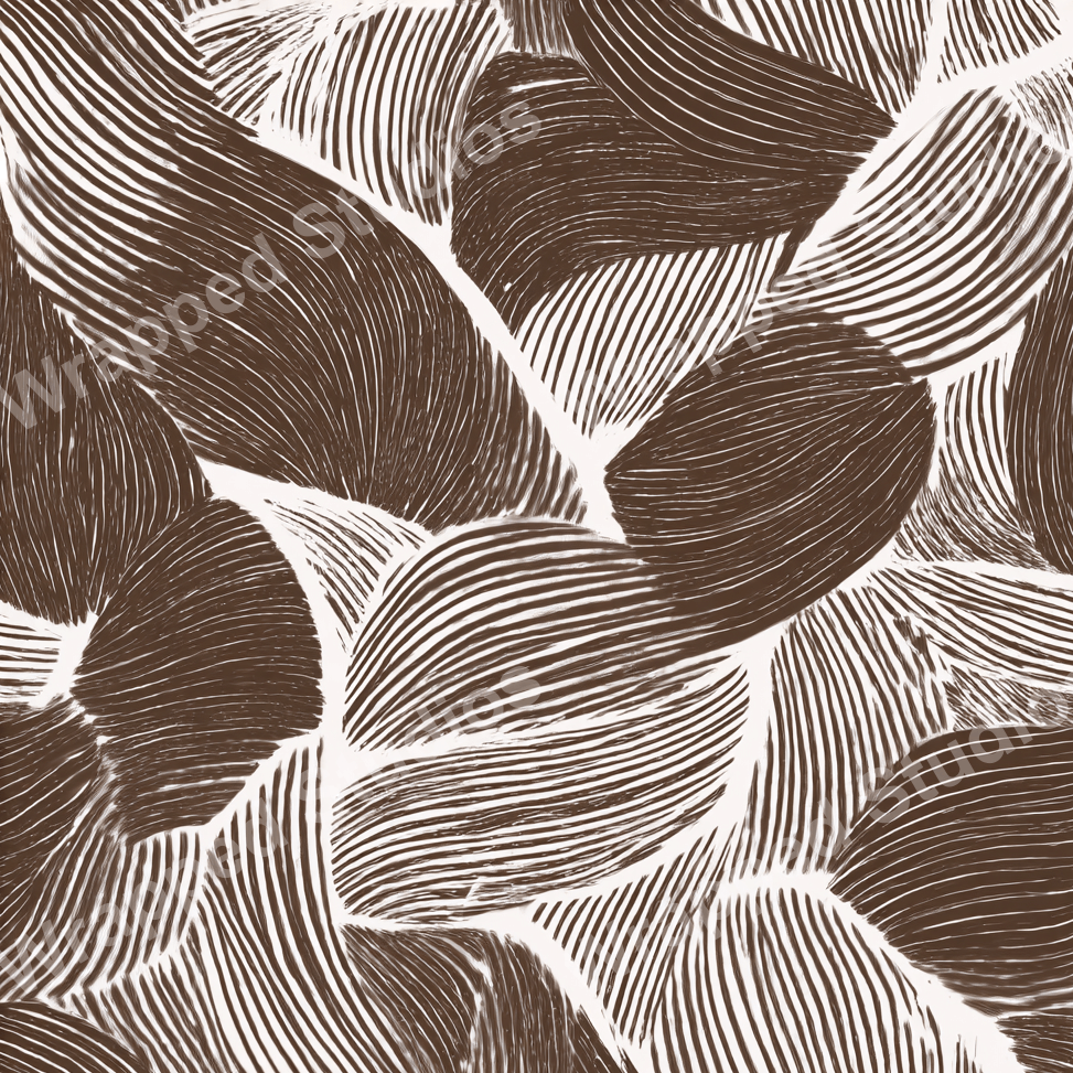 Brown and white abstract pattern with curved organic shapes and a textured, linear effect.