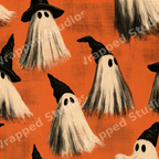 Vintage Halloween pattern with hand-drawn ghosts wearing witch hats on a textured orange background.