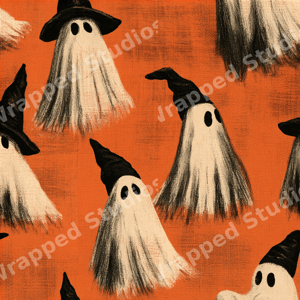 Vintage Halloween pattern with hand-drawn ghosts wearing witch hats on a textured orange background.