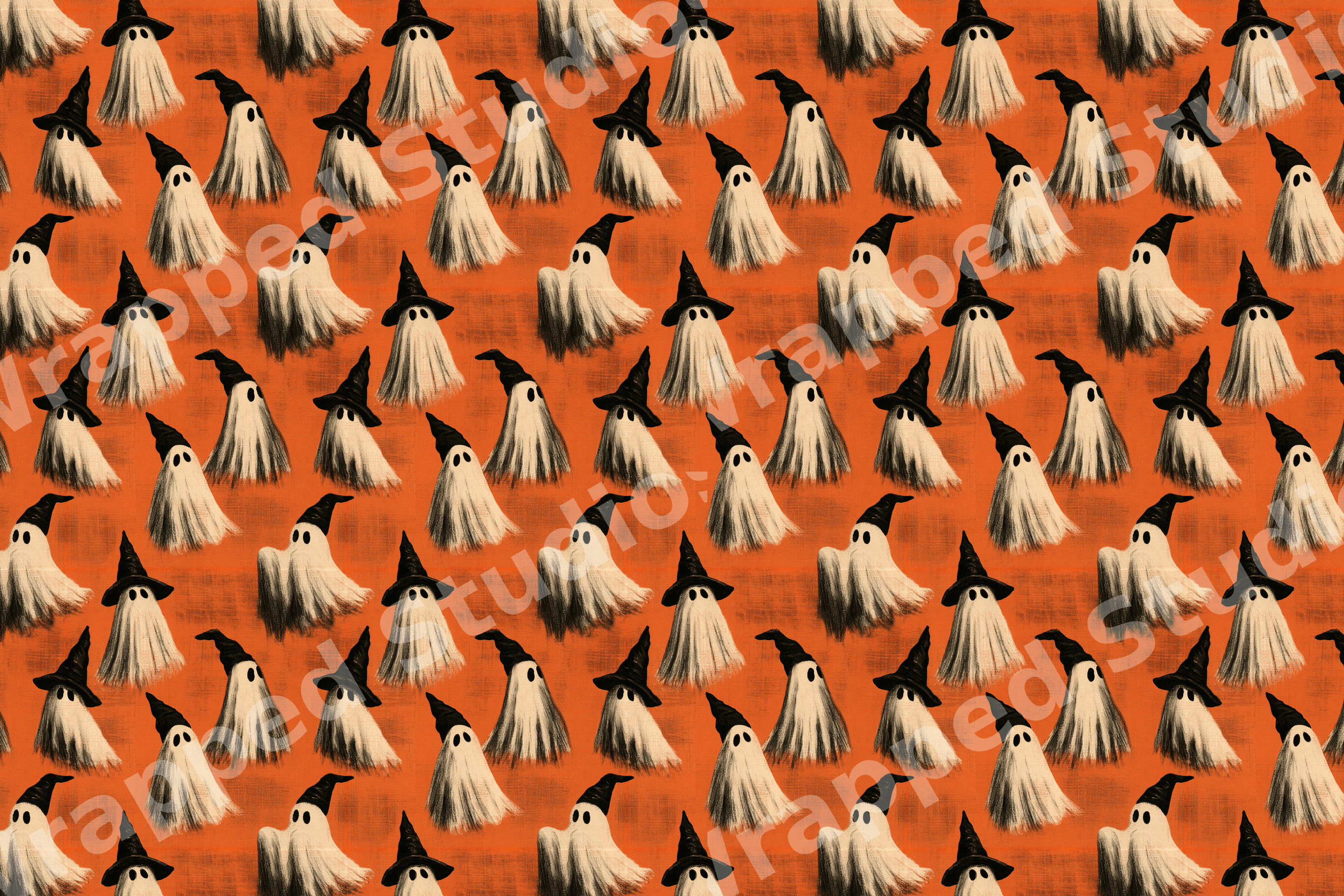 Spooky vintage Halloween pattern featuring cute hand-drawn ghosts in witch hats on a textured orange background.
