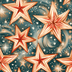 Vintage celestial star pattern featuring gold and orange stars on a swirling teal galaxy background.