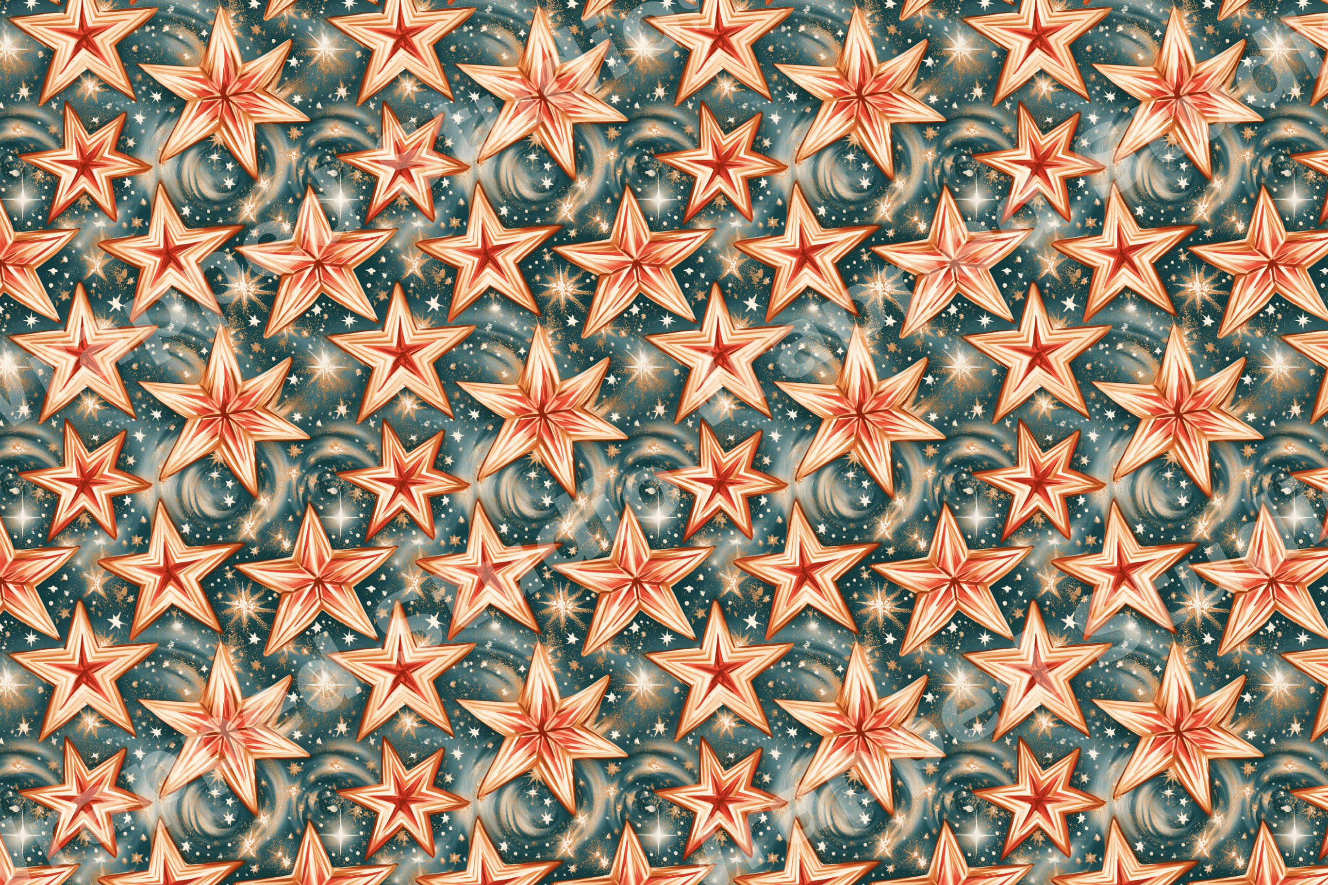 Elegant celestial star pattern with copper and gold stars on a deep teal background.