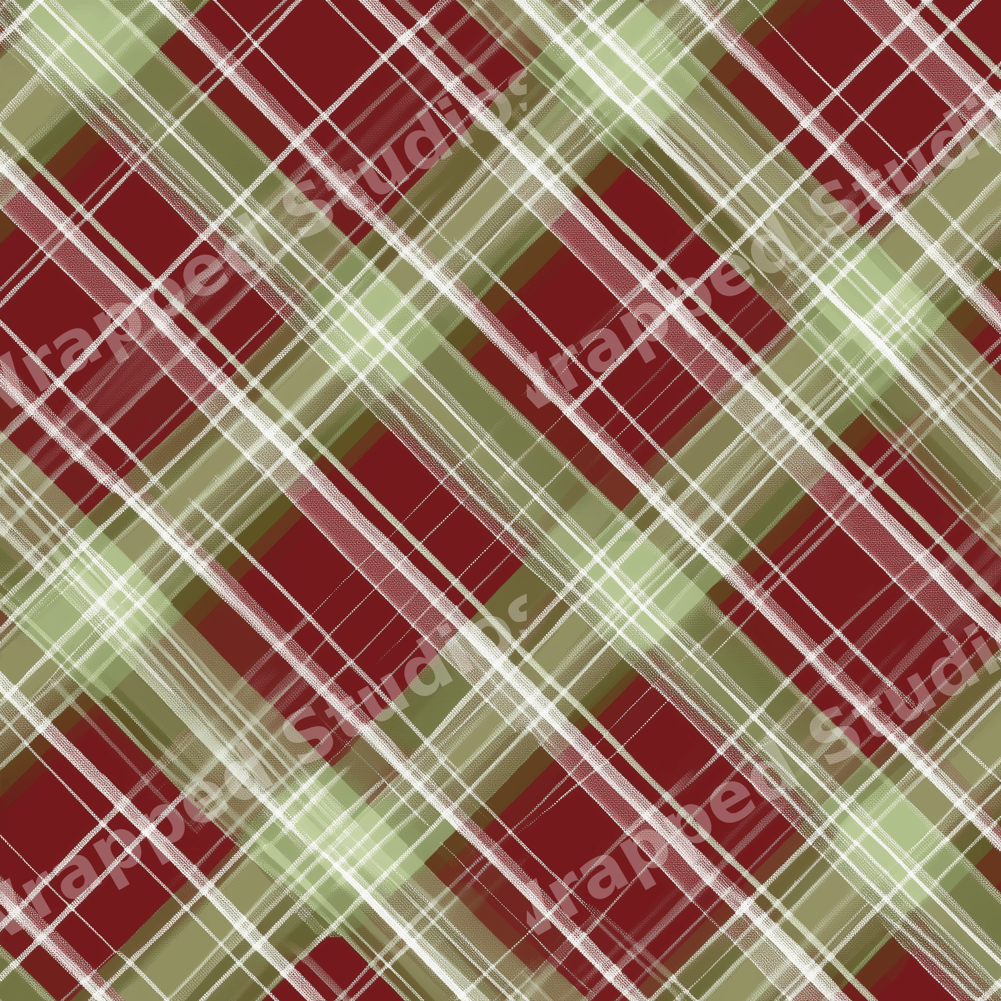 Festive red and sage green holiday plaid pattern with textured diagonal tartan lines.