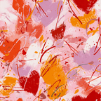 Abstract heart pattern with playful red, pink, orange, and white paint strokes and splatters.