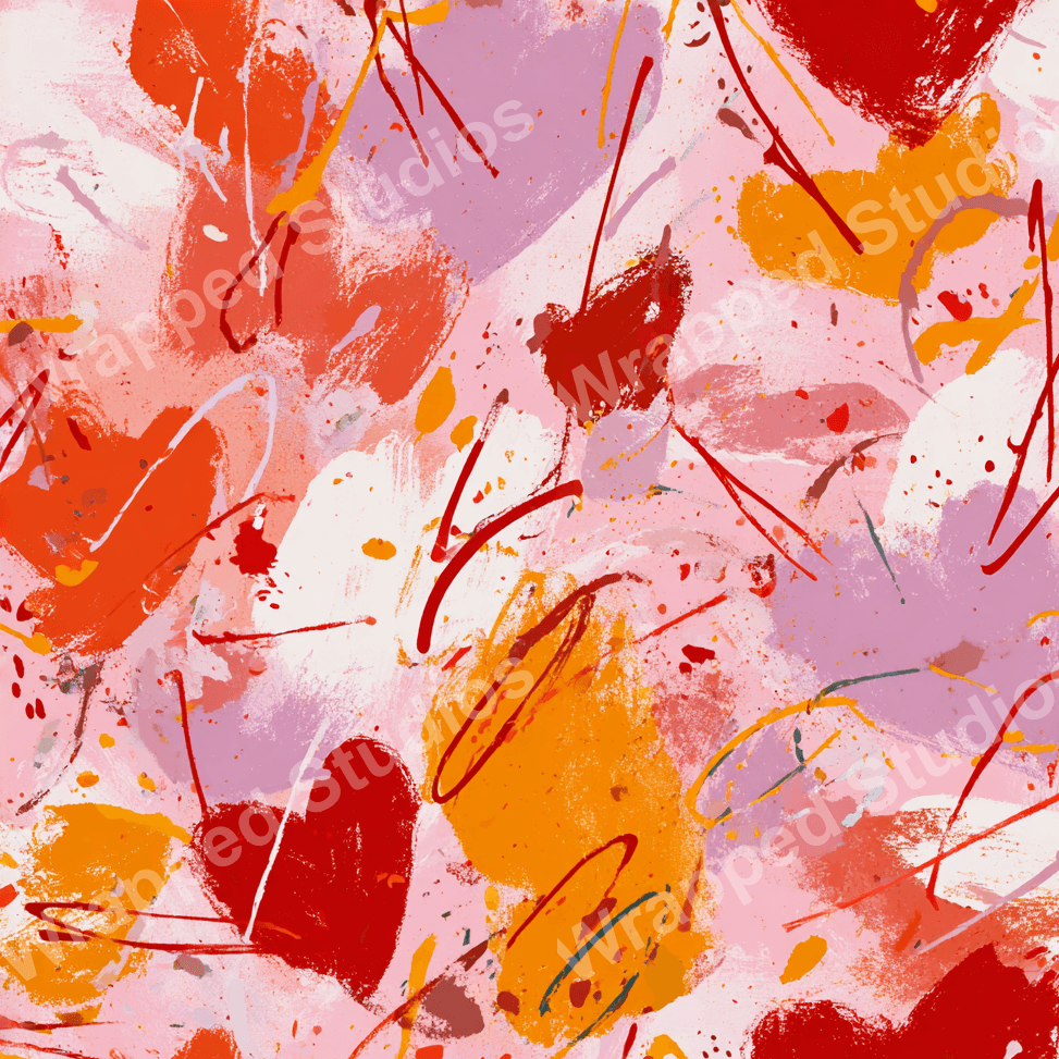 Abstract heart pattern with playful red, pink, orange, and white paint strokes and splatters.