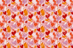 Abstract hearts and paint strokes pattern in vibrant red, orange, and soft purple hues, with a playful, artistic style.
