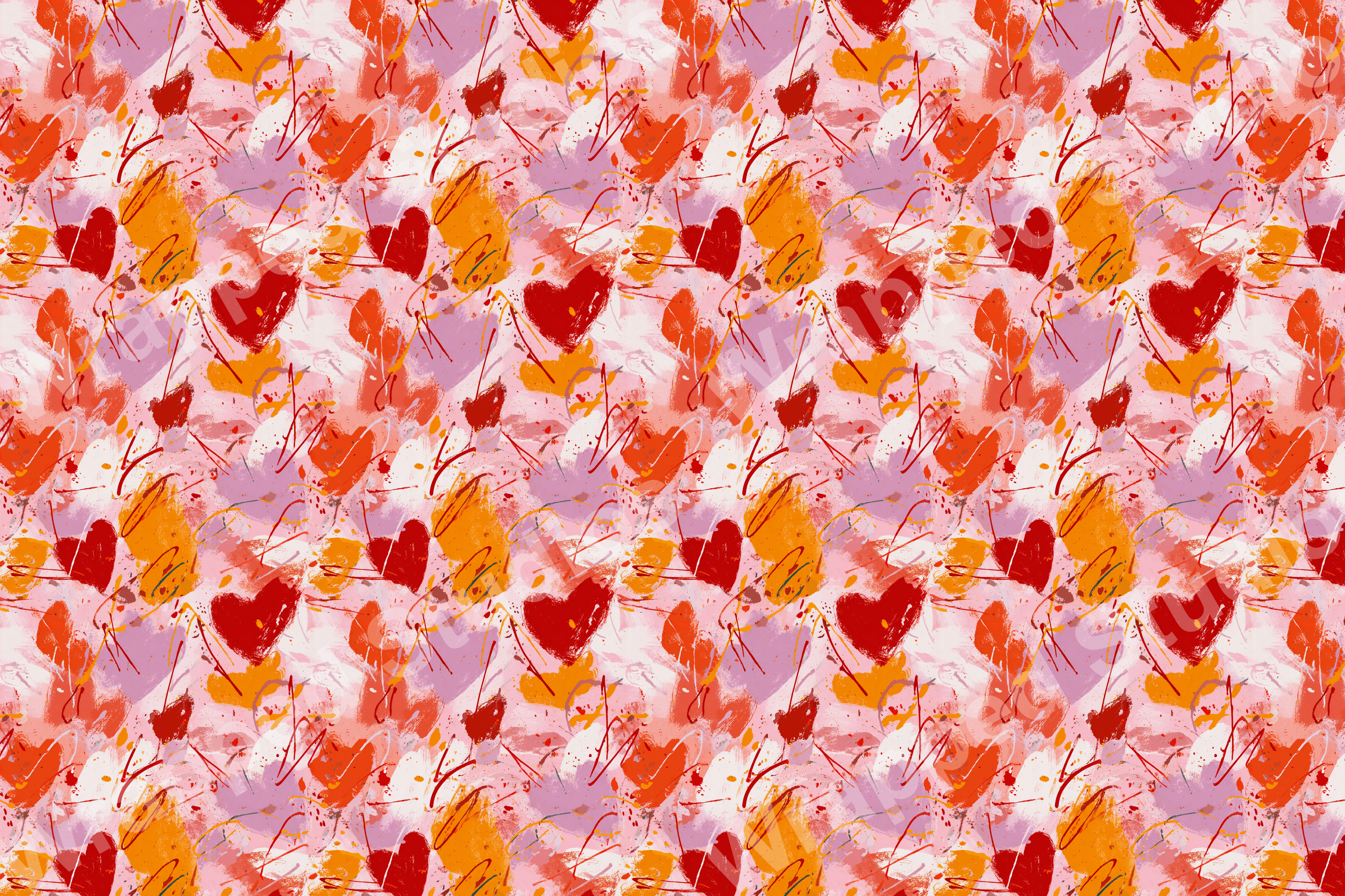 Abstract hearts and paint strokes pattern in vibrant red, orange, and soft purple hues, with a playful, artistic style.