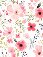 Seamless floral pattern with pink watercolor blossoms, buds, and botanical sprigs.