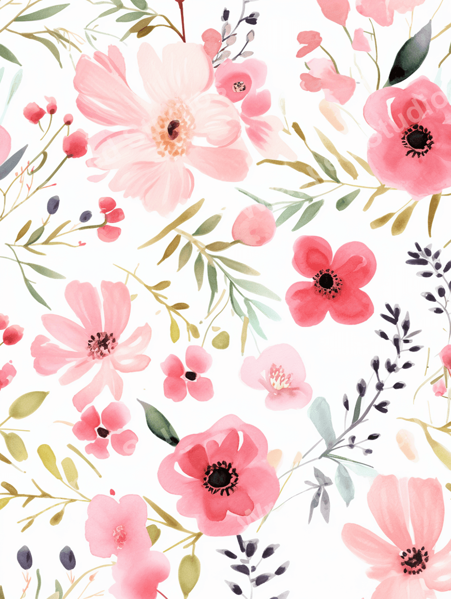 Seamless floral pattern with pink watercolor blossoms, buds, and botanical sprigs.