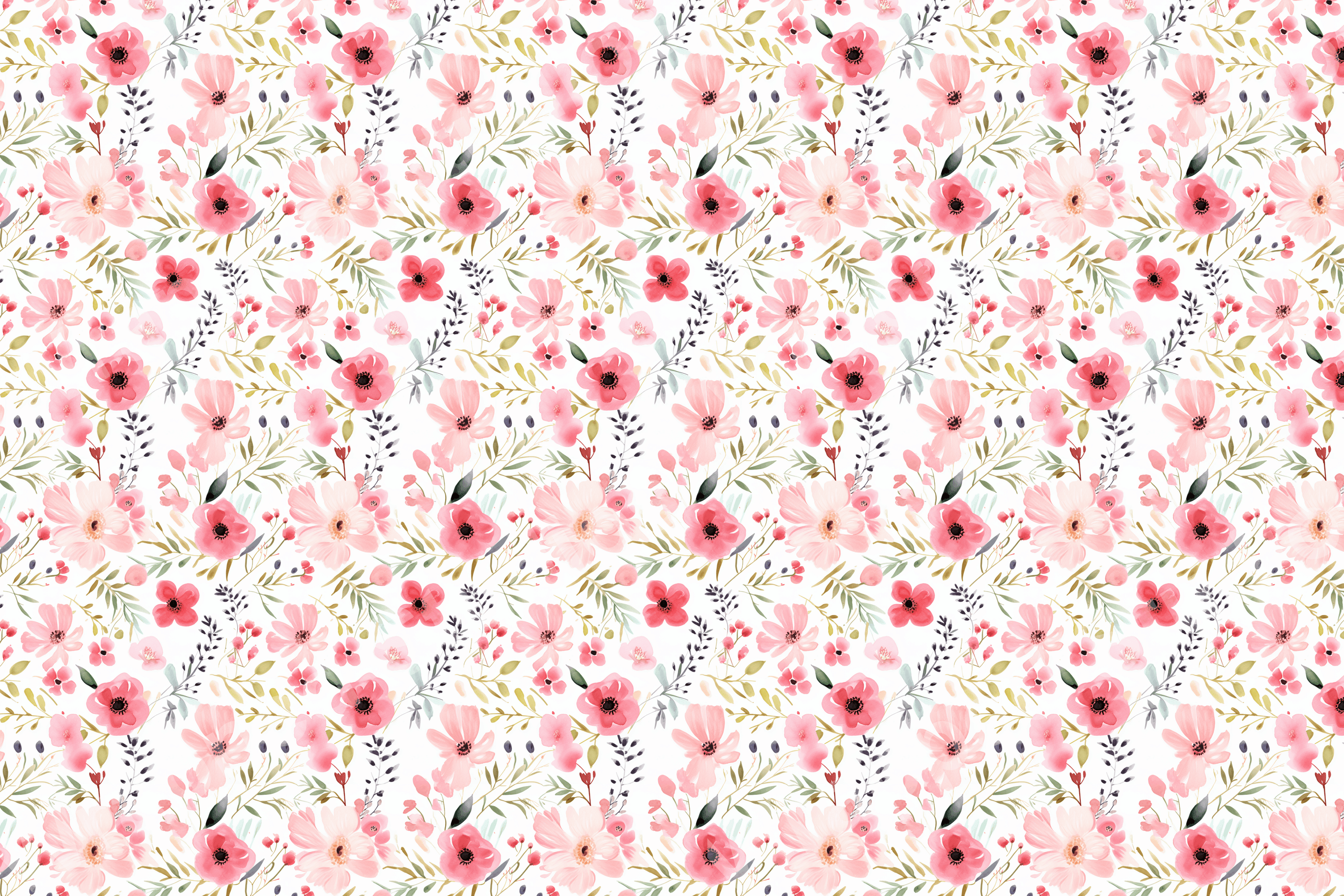 Watercolor floral pattern with pink blossoms and delicate green leaves on a white background.
