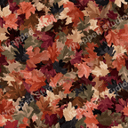 Dense autumn leaf pattern in shades of brown, red, olive green, and tan.