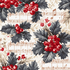 Vintage botanical pattern with red holly berries, dark leaves, and music notes on a cream background.