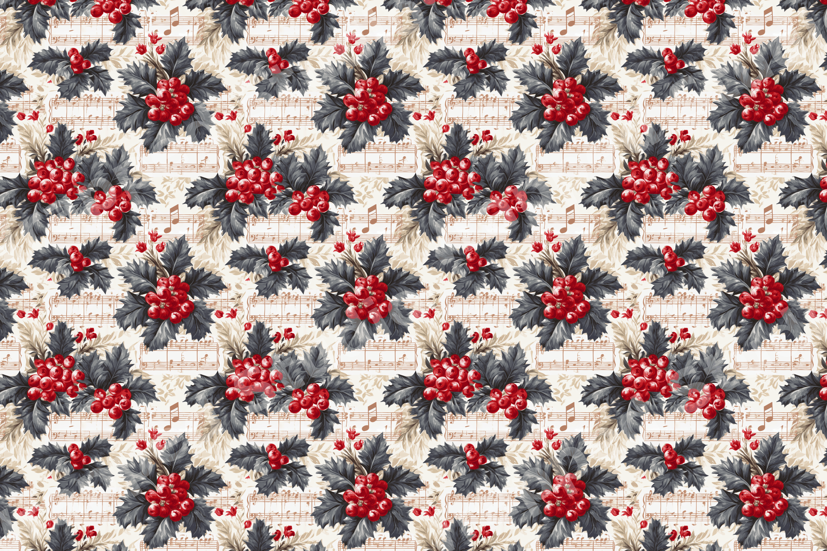 Vintage botanical Christmas pattern with red holly berries and sheet music on cream.