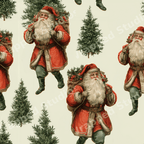 Vintage Christmas pattern featuring traditional Santa Claus and pine trees on a cream background.