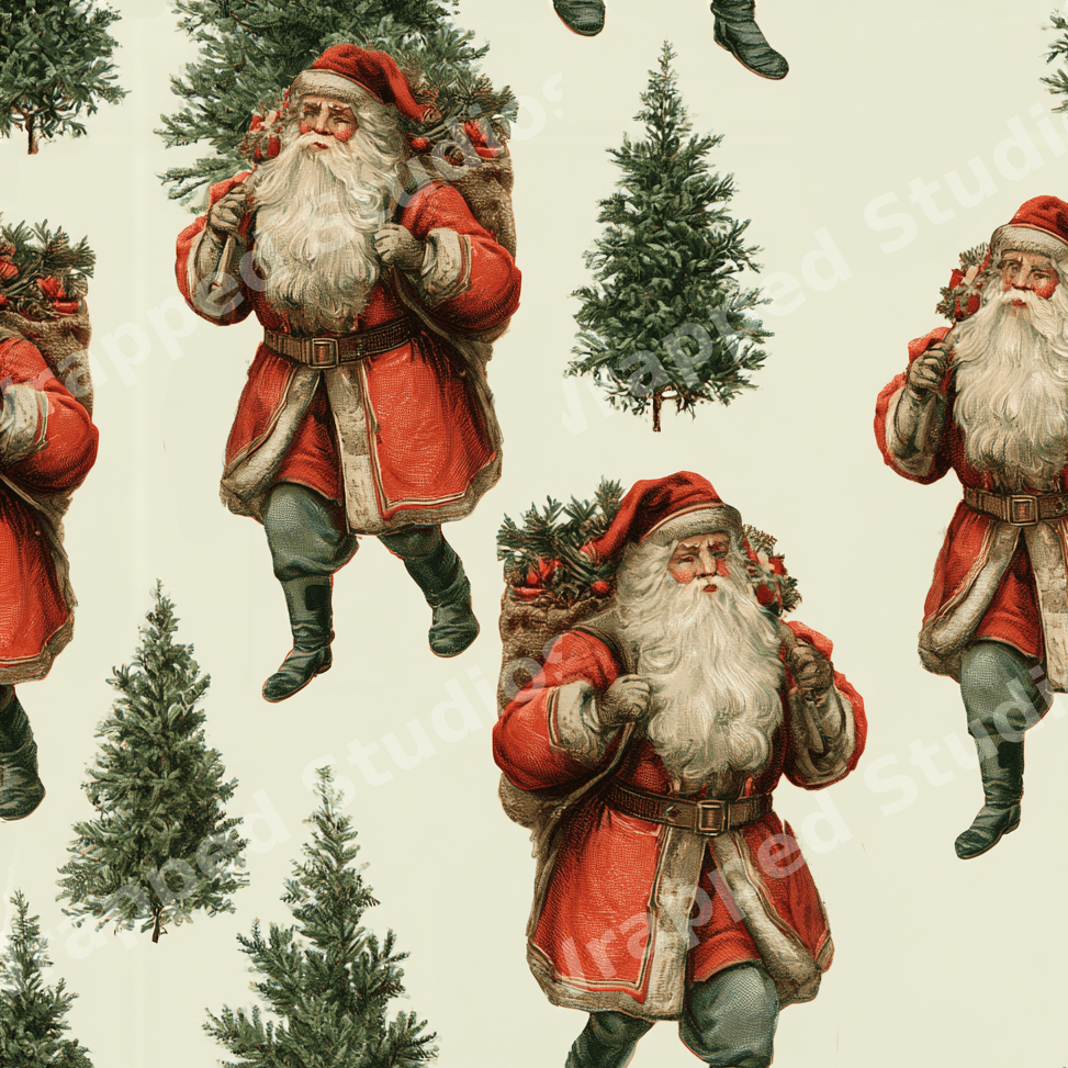 Vintage Christmas pattern featuring traditional Santa Claus and pine trees on a cream background.