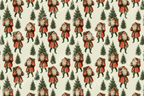 Vintage Christmas pattern with illustrations of Santa Claus and green pine trees on a cream background.