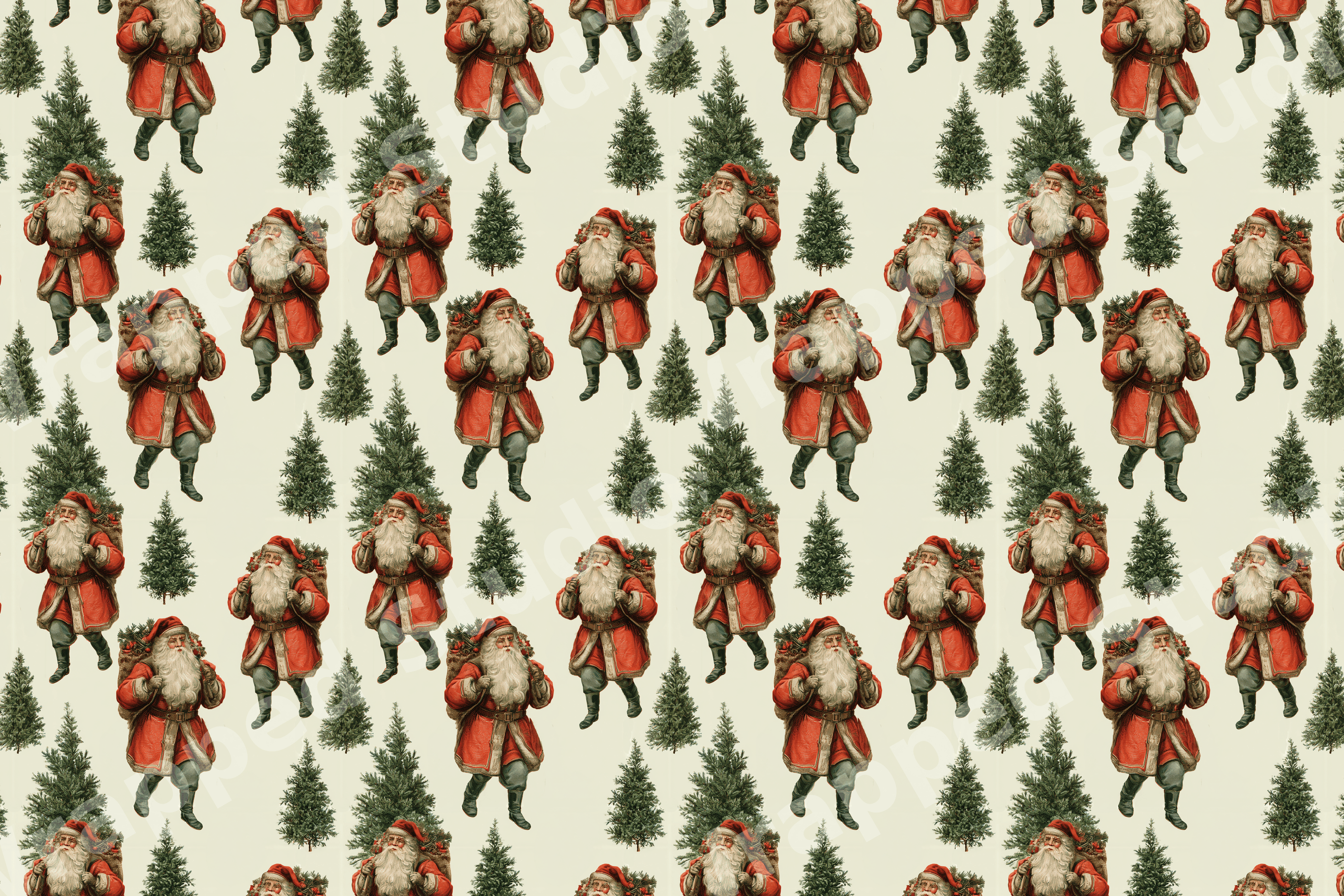 Vintage Christmas pattern with illustrations of Santa Claus and green pine trees on a cream background.