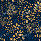 Elegant floral pattern with gold foliage and berries on a deep navy background.
