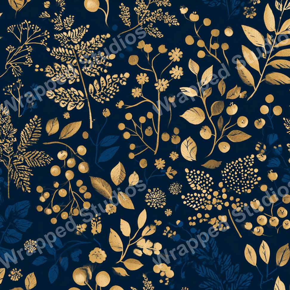 Elegant floral pattern with gold foliage and berries on a deep navy background.