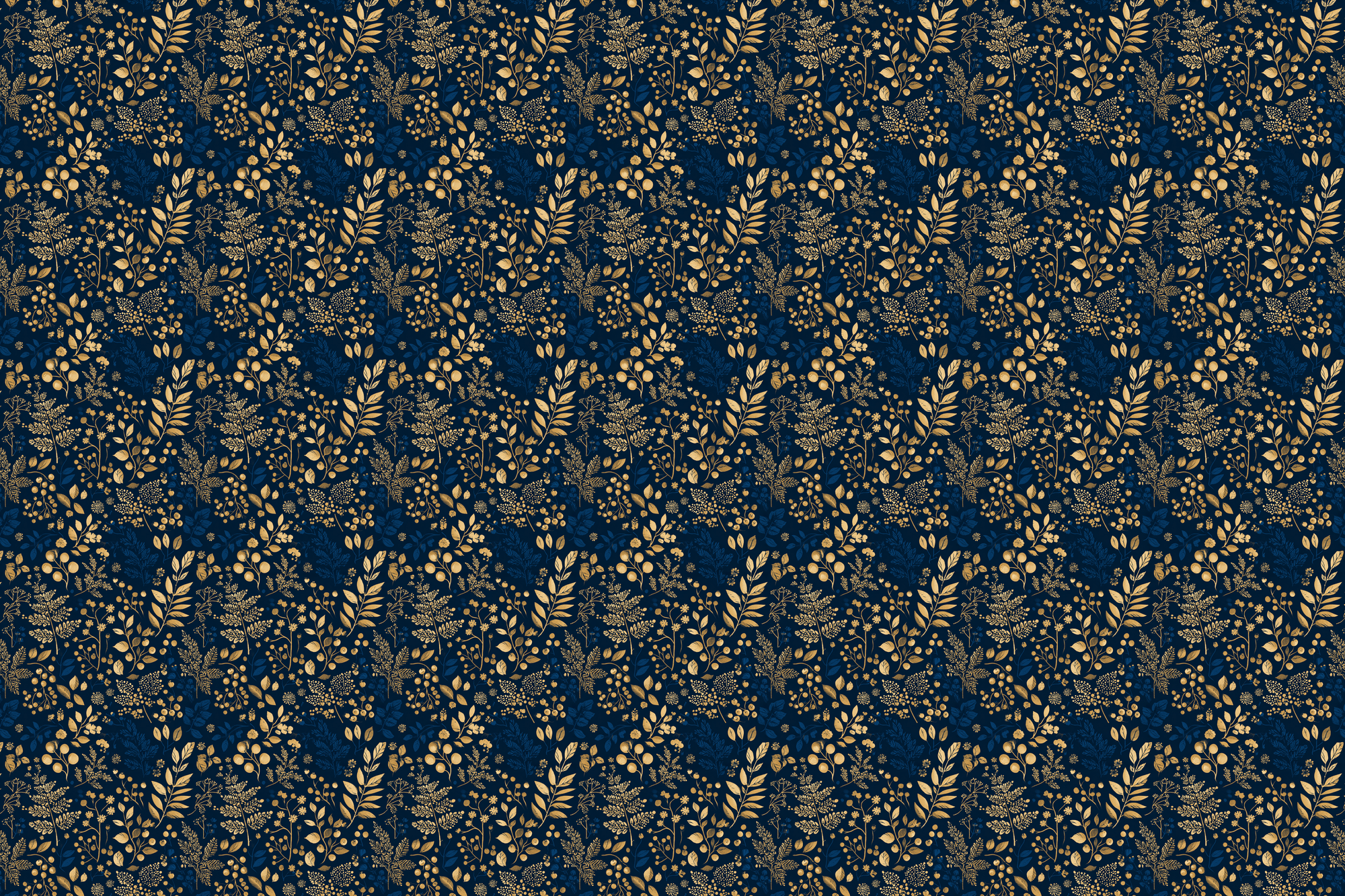 Pattern of gold leaves on a dark blue background. Wrapped Studios wrapping paper