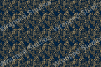 Elegant floral pattern with golden leaves and berries on a dark blue backdrop.
