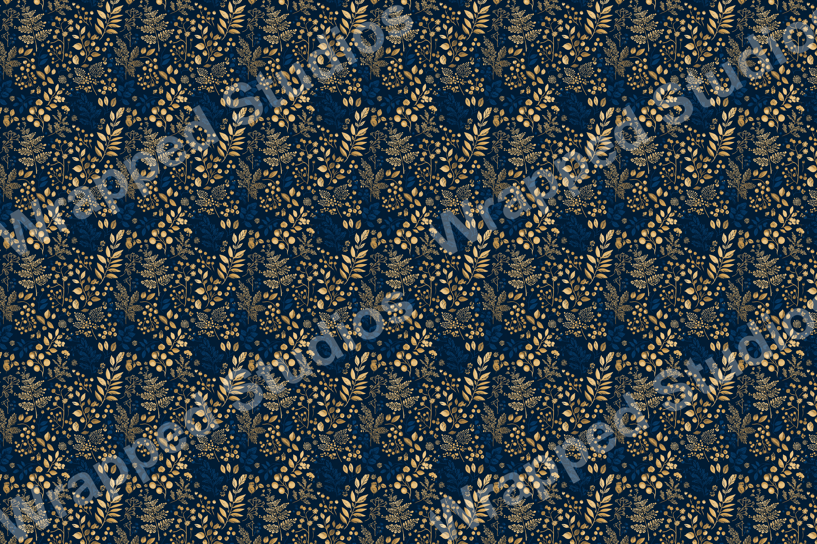 Elegant floral pattern with golden leaves and berries on a dark blue backdrop.