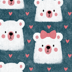 Cute seamless polar bear pattern with pink hearts and bows on a textured teal background.