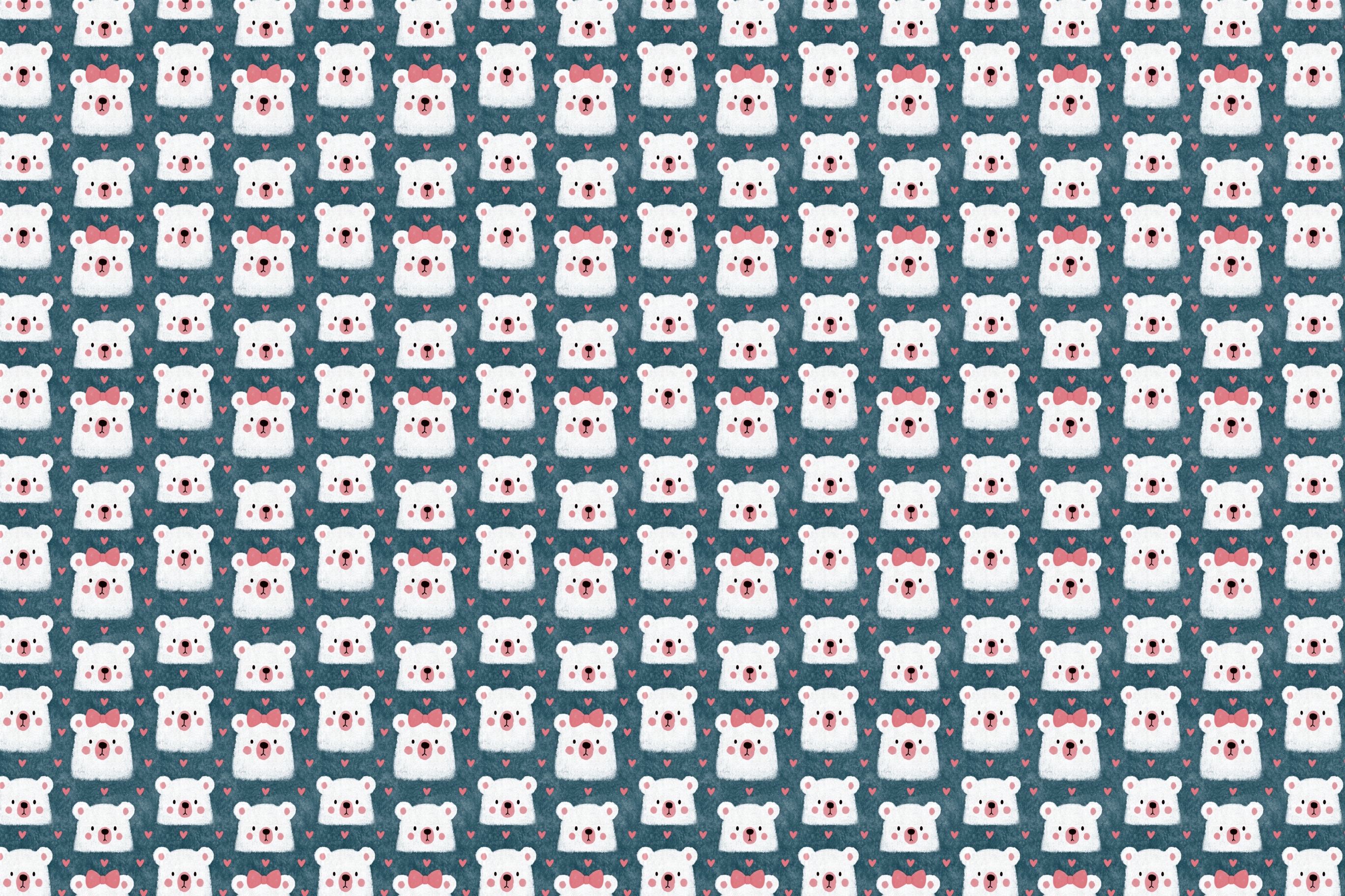 Cute seamless polar bear pattern with white cartoon bears and pink hearts on a dark blue background.