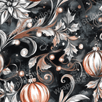 Elegant floral pattern with ornaments, leaves, and swirls in black, silver, and copper tones.