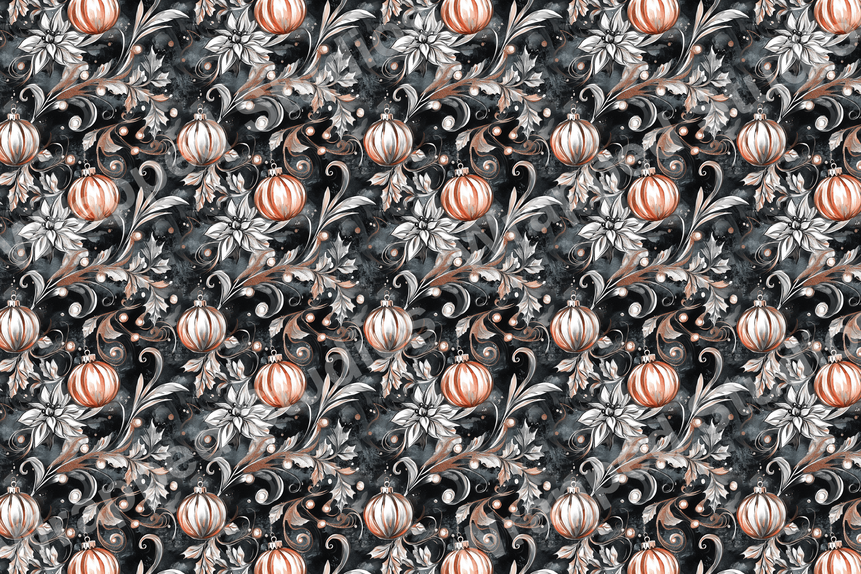 Elegant holiday pattern with silver floral, ornaments, and dark gray background.