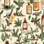 Vintage Christmas botanical pattern with magical potion bottles, pine needles, and holly berries on cream.
