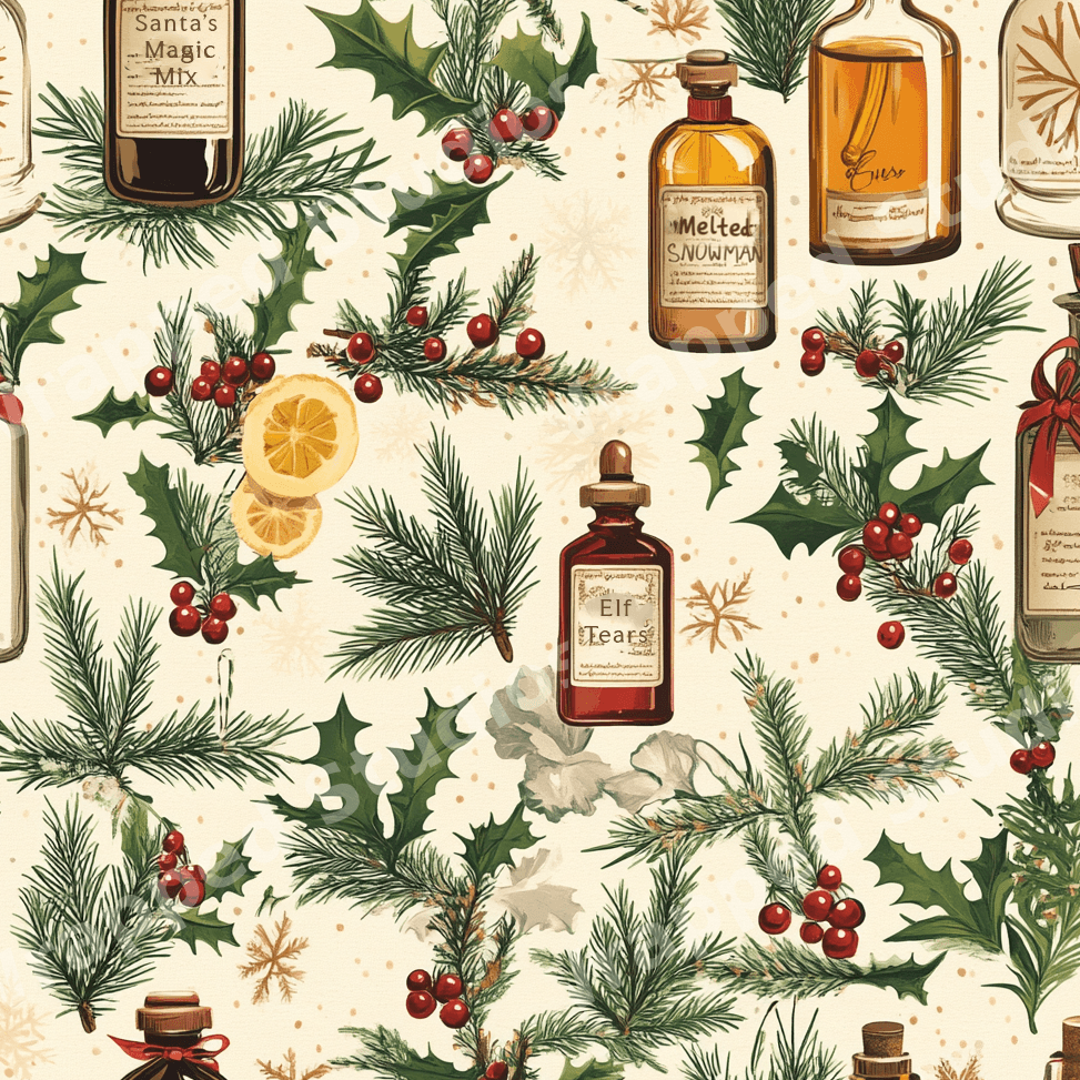 Vintage Christmas botanical pattern with magical potion bottles, pine needles, and holly berries on cream.