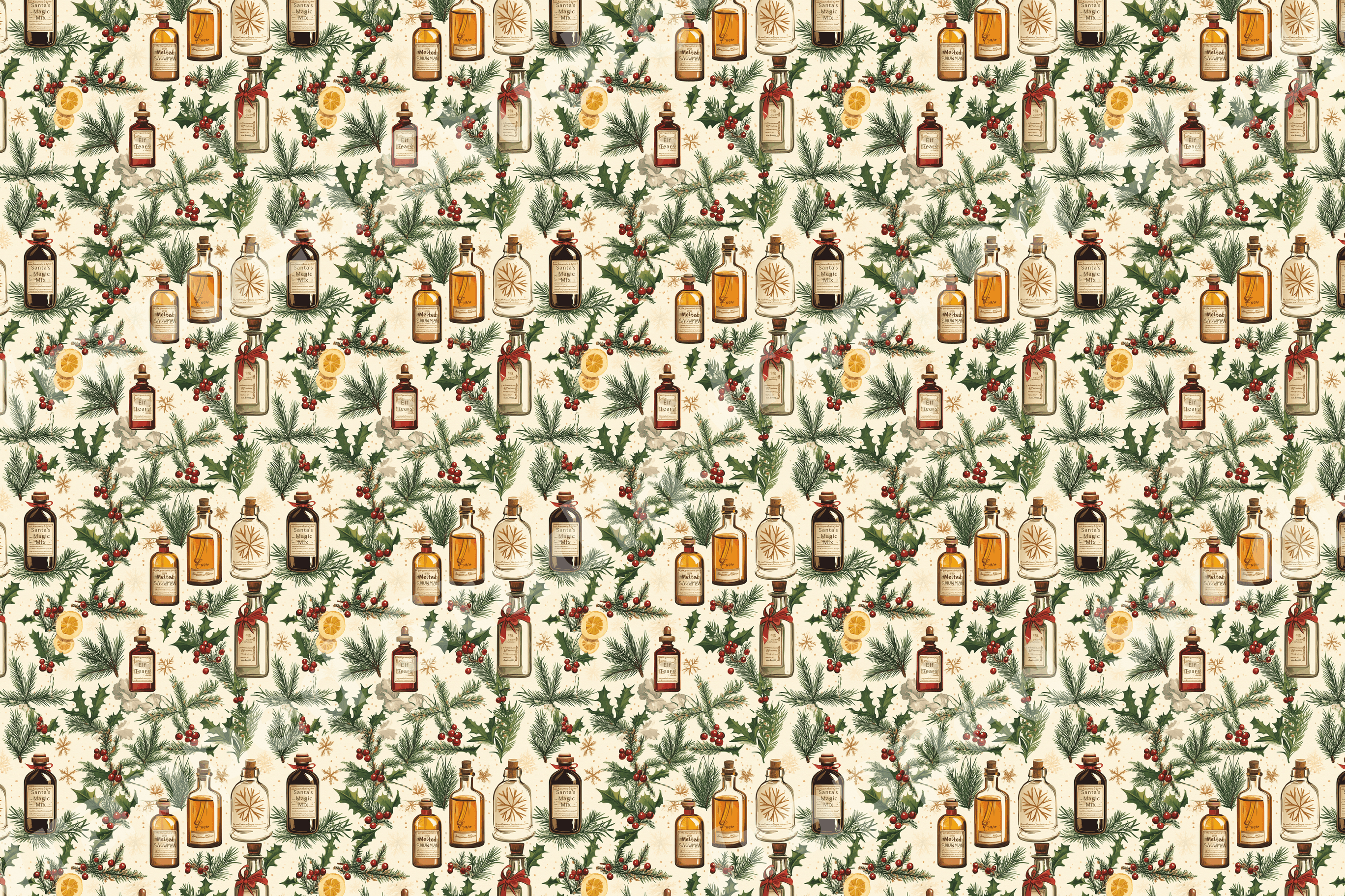 Vintage Christmas pattern with apothecary bottles, pine branches, holly berries, and dried orange slices.