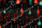 Whimsical science pattern with glowing red and teal chemistry flasks, botanical trees, and stars on black.