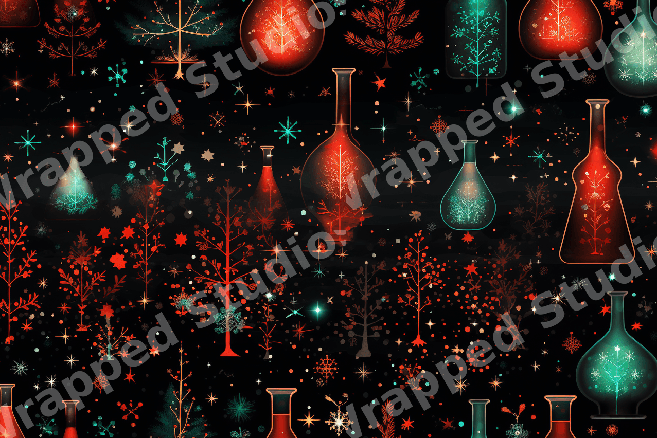 Whimsical science pattern with glowing red and teal chemistry flasks, botanical trees, and stars on black.