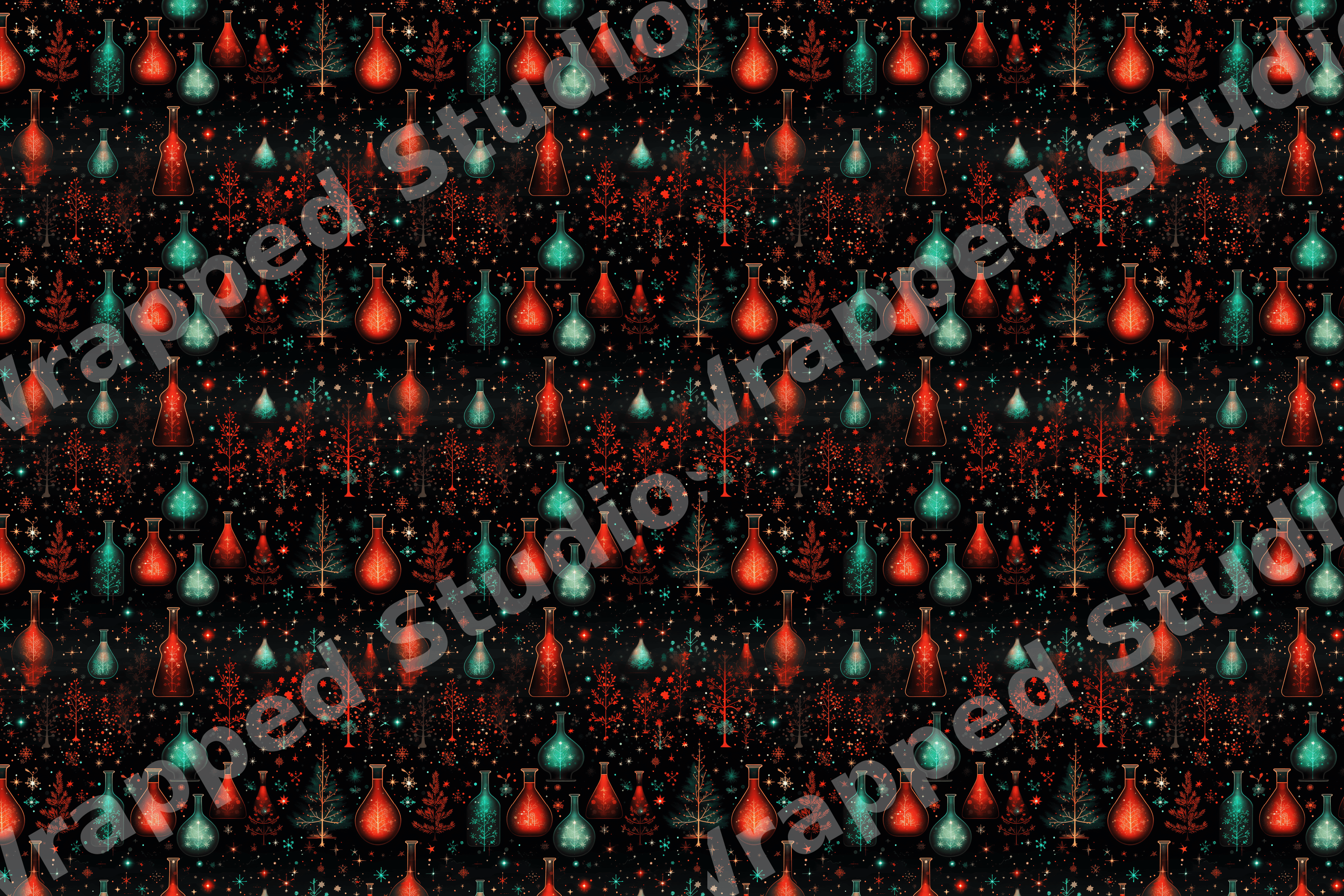 Magical science pattern with glowing red and teal potion bottles and starry pine trees on black.