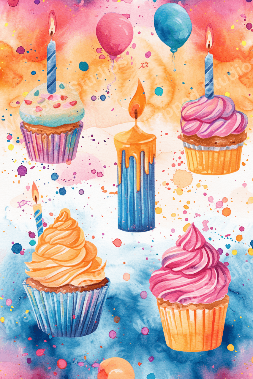 Watercolor pattern with cupcakes, candles, and balloons in pink, orange, and blue hues.
