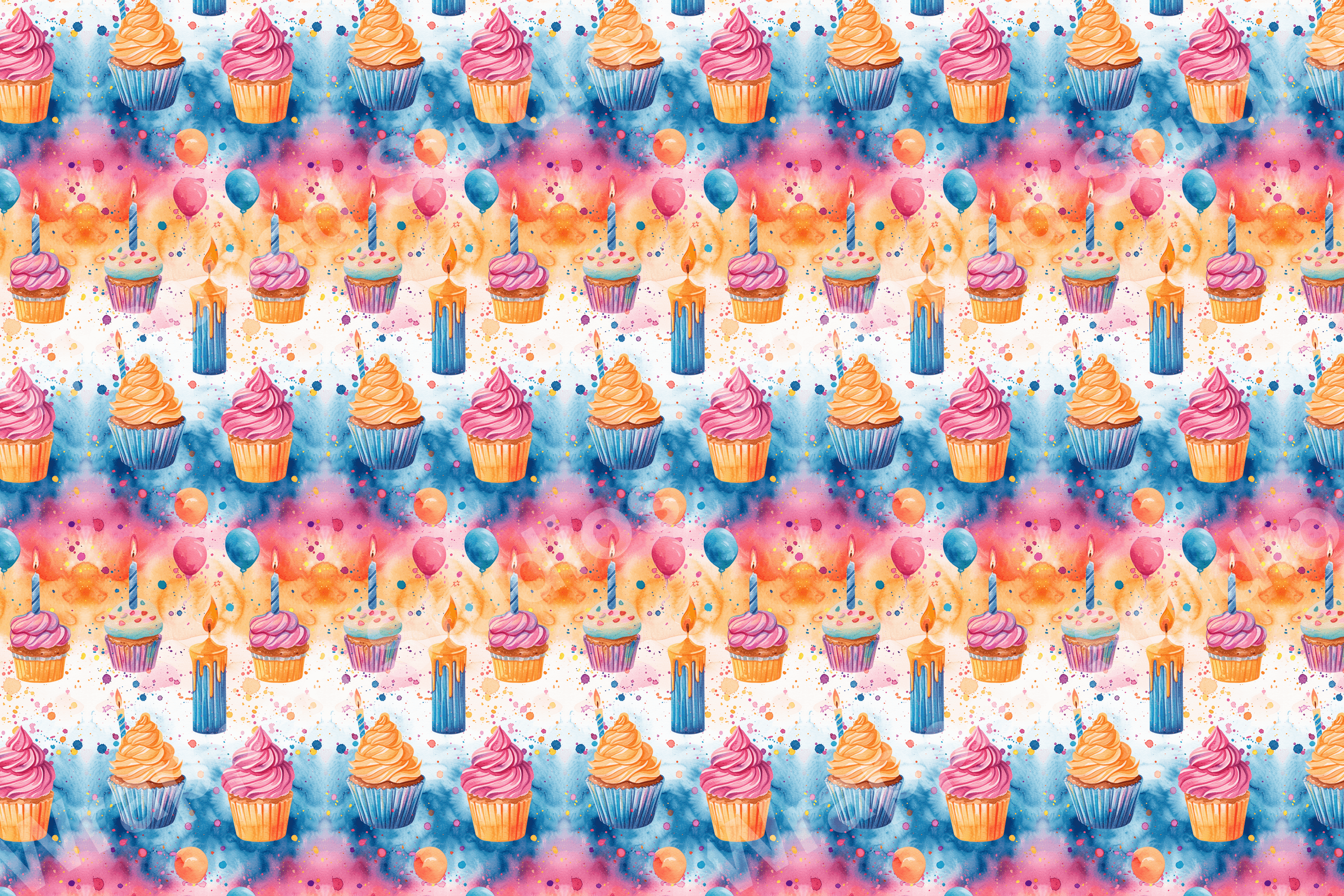 Playful birthday pattern with watercolor cupcakes, balloons, and candles in shades of pink, orange, and blue.