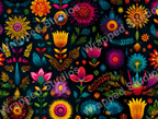 Colorful floral pattern with a folk art aesthetic on a dark background.
