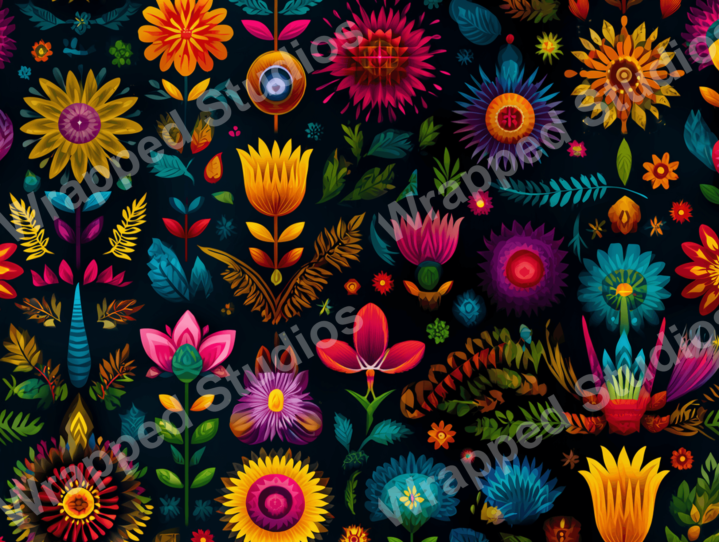Colorful floral pattern with a folk art aesthetic on a dark background.